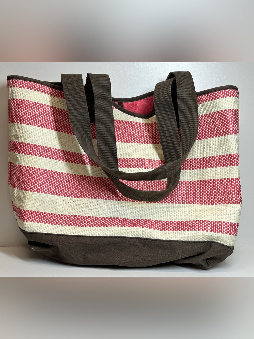 Thirty-One Large Canvas Woven Euro Crew Straw Stripe Beach Tote